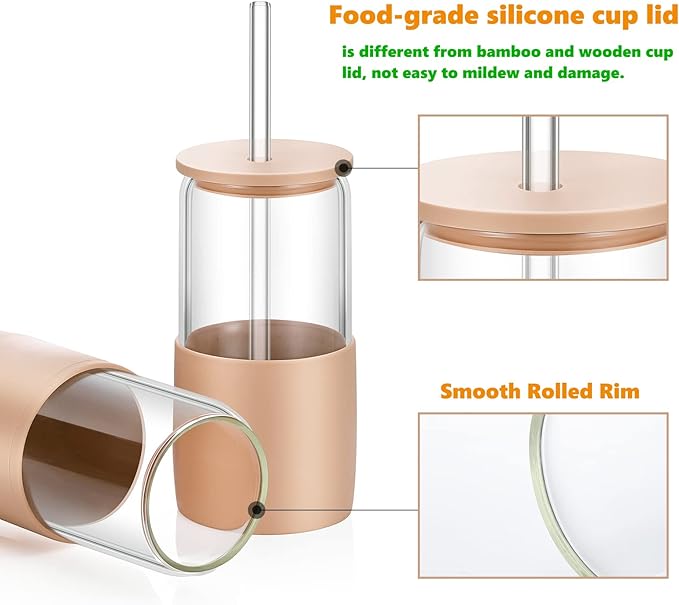 Sunseeke Glass Tumbler with Straw and Lid, 16oz Ice Coffee Cup, Silicone Sleeve Cleaning Brushes, Drinking Glasses for Water, Iced Coffee, Smoothie - BPA Free -3Pack