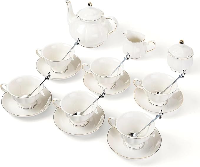 CHENP.HMC Tea Set 22-Piece Porcelain Ceramic Coffee Tea Gift Sets Cups Saucer Service for 6 Teapot Sugar Bowl Creamer Pitcher and Teaspoons (WHITE3)