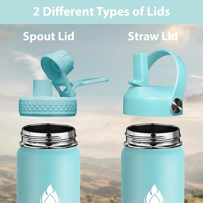 SENDESTAR Stainless Steel Wide Mouth Water Bottle 24oz Double Wall Vacuum Insulated Leak Proof Bottle with New Flex Straw Lid & Spout Lid XIN-MI-0750-1