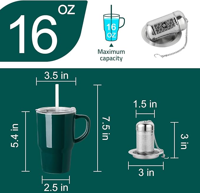 Sweejar Ceramic Travel Mug with Lid, 16 oz Portable Coffee Mug, Dishwasher Safe Tea Cup with Infuser, Reusable Teacup for Car Cup Holder, Tea Lovers(Jade)
