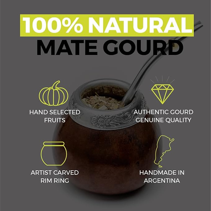 BALIBETOV Yerba Mate Gourd Set (Original Natural Handmade Yerba Mate Cup Argentina) - Includes Mate Tea Cup, Bombilla (Mate Straw) and Clean Brush - Classic Mate Cup and Bombilla (Dark Brown)
