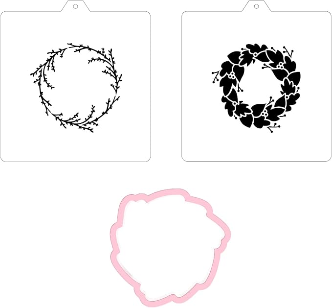 Wreath Cookie cutter and stencil set Baking stencils and cutters bundle DIY bakery decorating kit Wedding Cookie cutter with stencils Icing stencil and cookie cutter combo (Wreath Set)