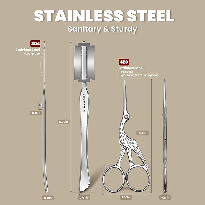 JACYAO'S Bread Scoring Tool Kit, Bread Lame and Dough Scissors Made From Food Grade Stainless Steel, Sourdough Scoring Tool Kit with 100 Inches Cotton Twine, 10 Razor Blades and Metal Storage Box