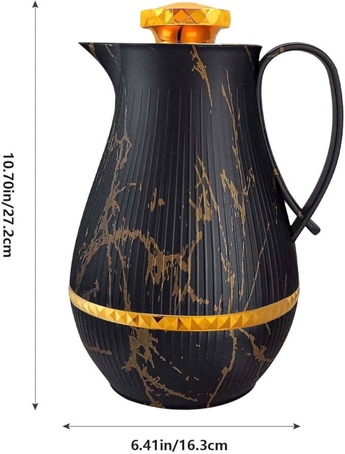 Insulated Thermal Coffee Carafe, 33 oz, Luxury Arabic-Style Insulated Carafe Flask, Coffee Tea Pot, with Spout and Glass Liner for Hot Cold Water, Housewarming Ornaments (Black and Gold)