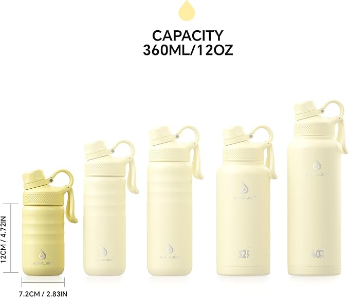 IDEUS Insulated Water Bottle 12oz, Stainless Steel Insulated Water Bottle For School, Insulated Bottles With Straws Leakproof, Vacuum Double Wall Water Bottles For Boys And Girls With 2 Lids, BPA Free