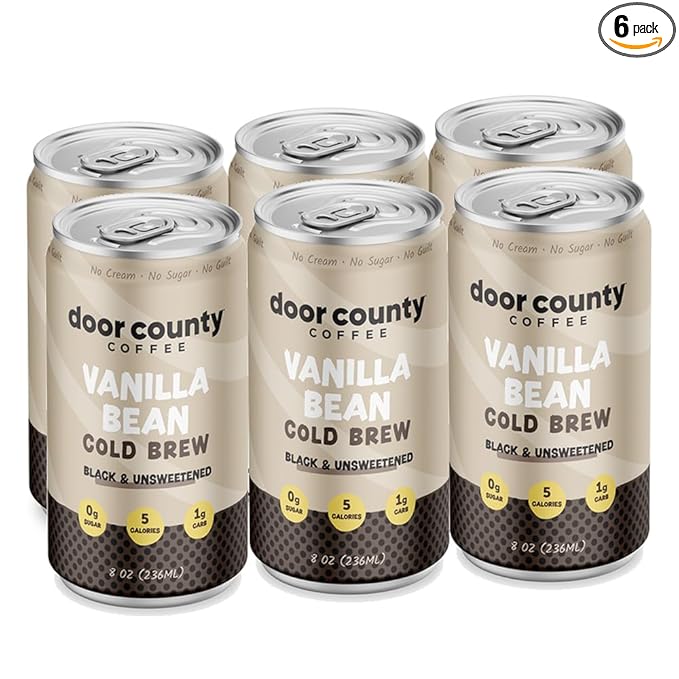 Door County Coffee Vanilla Bean Ready to Drink Canned Cold Brew - 8oz - 6 Pack - Cold Pressed Coffee, 5 Calories, Bold & Rich, Flavorful, 145mg Natural Caffeine
