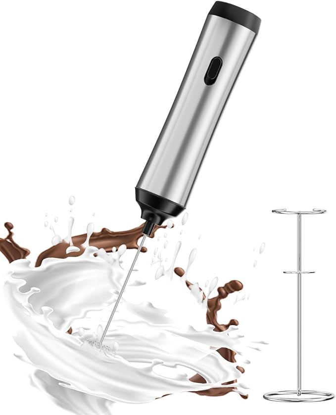 Rechargeable Milk Frother with Stand, Electric Frother Wand Handheld Coffee Foam Maker Detachable Stainless Steel Whisk Drink Mixer Foamer for Latte, Cappuccino, Hot Chocolate, Egg (Silver-1)
