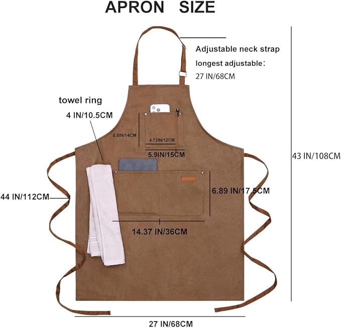 Chef Cooking Aprons for Men Women Thickened Canvas Cotton Apron with 4 Pockets for BBQ Work Kitchen（Brown）