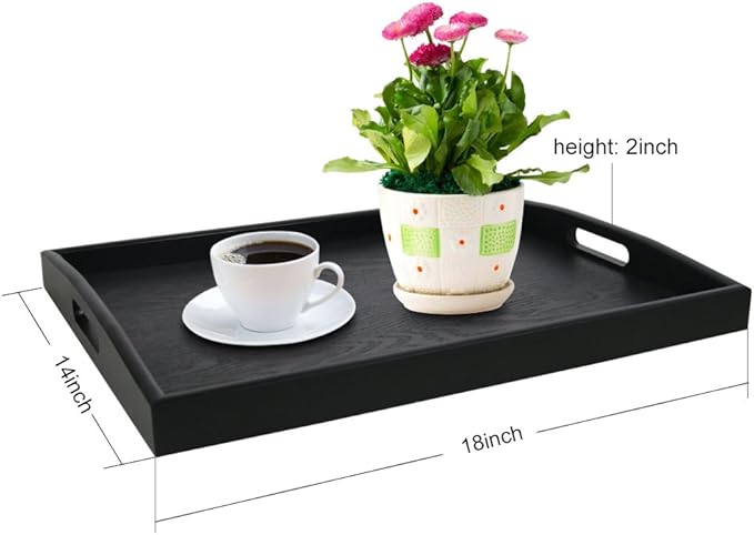 DILLMAN Serving Tray Large Black Wood Rectangle Food Tray Butler Tray Breakfast Tray with Handles (Large+Small)