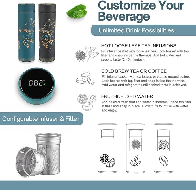 Farasi Tea Infuser for Loose Leaf Tea Smart Water Bottle with Fahrenheit Temperature Display, Stainless Steel, Insulated Coffee and Fruit Tea Infuser Bottle - Black Floral Tea Mug 15 oz