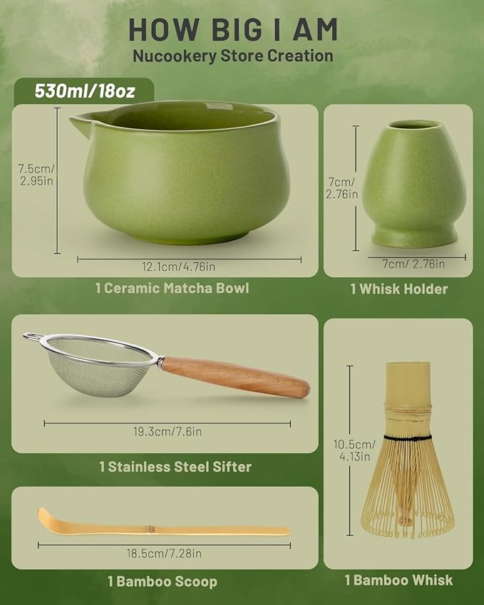 Nucookery Matcha Set - 6 PCS Matcha Whisk Set, 18OZ Matcha Bowl (Chawan) with Spout, Matcha Whisk (Chasen) and Holder, Bamboo Matcha Scoop and Sifter, Matcha Kit/Tools/Accessories for Tea Ceremony