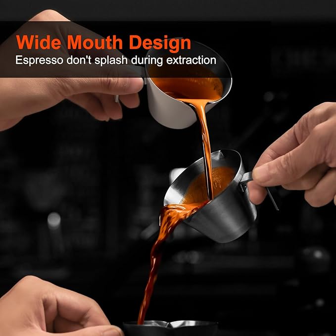 MHW-3BOMBER MHW-3BOMBER Espresso Measuring Cups 2Pcs with Handle, 1oz / 2oz / 3oz Double Spouts Stainless Steel Espresso Shot Cups with Scale, V-Shaped Mouth Espresso Pour Cup Black G6201B-OS
