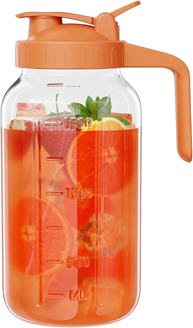 Glass Mason Jar Pitcher, 64 oz Wide Mouth Jug with Pour Spout Handle Lid for Cold Brew Coffee, Ice Beverage, Iced Juice, Lemonade, Sun Tea, Fruit Drinks Container（Orange）