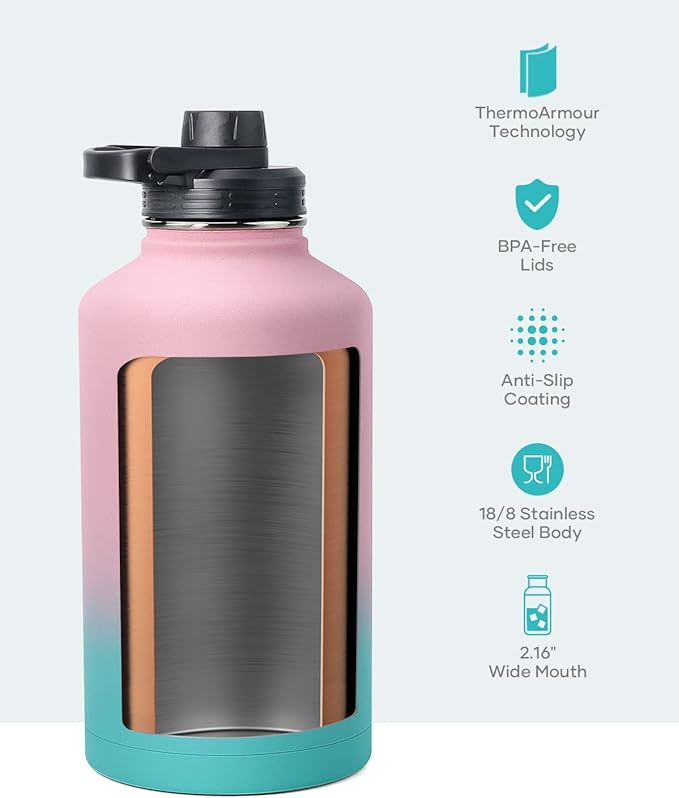 BUZIO 64 oz Water Bottle Insulated with Straw & 3 lid and Carrying Pouch, Leak Proof Half Gallon Stainless Steel Water Flask Jug, Cold for 48 Hrs Double Vacuum Thermo Canteen, BPA-Free, Bubble Gum