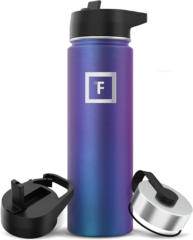 IRON °FLASK Camping & Hiking Hydration Flask with 3 Lids - Stainless Steel, Double Walled & Vacuum Insulated Water Bottle - Leak Proof & BPA Free (Aurora, Straw - 22 oz)