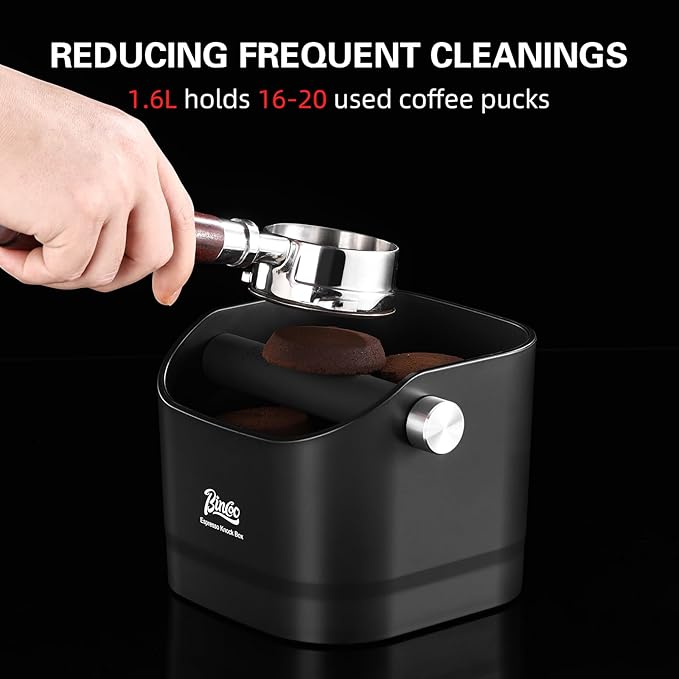 Espresso Knock Box - Bincoo Black Espresso Machine Knock Box/Espresso Grounds Knock Box, Barista Style Coffee Knock Box for Grounds with Removable Shock-Absorbent Knock Bar and Anti-Slip Base. (Black)