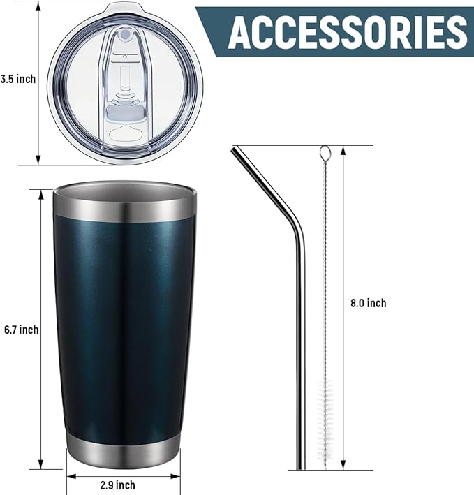 COMOOO 20oz Double Wall Vacuum Insulated Travel Mug, Stainless Steel Tumbler with Lid and Straw Durable Powder Coated Insulated Coffee Cup for Cold & Hot Drinks (Peacock Blue. 2 pack