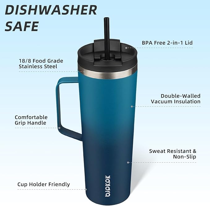 BJPKPK Insulated Tumbler with Handle, 30oz Insulated Tumblers with Lid and Straw, Stainless Steel Metal Water Bottles, Coffee Travel Mugs, Cups, Sea