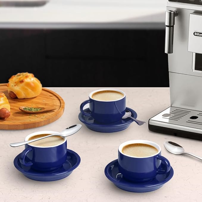 homEdge Premium Espresso Shot Cups and Saucers Set with Espresso Stainless Steel Spoons - 2.5 oz, Set of 4, Navy