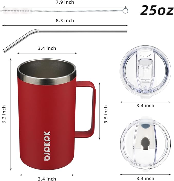 BJPKPK Insulated Coffee Mug with 2 Lids, 25oz Stainless Steel Insulated Tumbler with Handle, Double Wall Vacuum Coffee Cups, BPA Free Travel Mug for Coffee, Tea and Drinks, Red