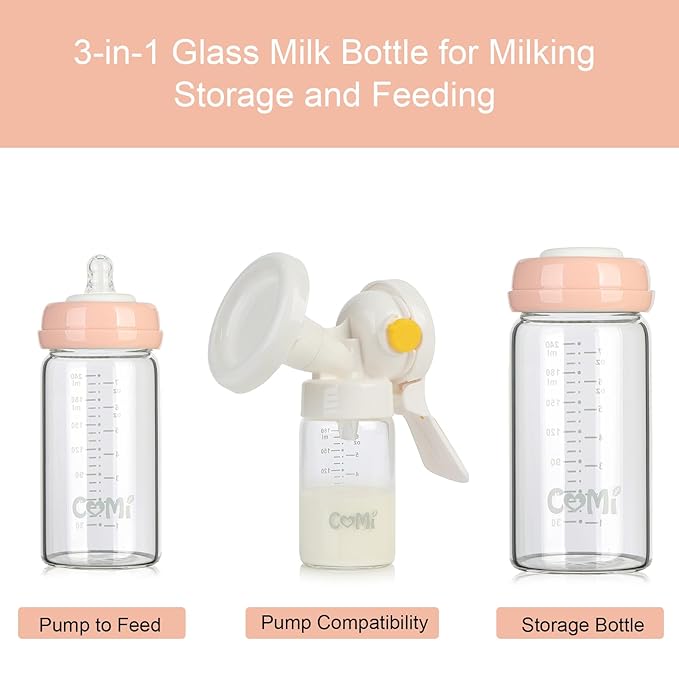 COMI Wide Neck Glass Breastmilk Collection n Storage Bottle, 8oz with Screw Ring Sealing Disk; Re-markable Sealing Disc. BPA Free, Fits Breast Pumps & Nipples (4 Pink Lids)