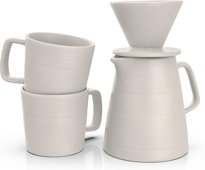 Pour Over Drip Coffee Maker Gift Set with Two Coffee Mugs, Non-Electric Pour Over Coffee Dripper, Easy Manual Brew Maker, Dishwasher and Microwave Safe, Filters not included (Ivory)