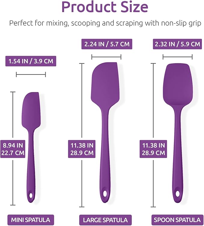 U-Taste Silicone Spatula Set: 600ºF High Heat Resistant, Seamless Food Grade Flexible Rubber Kitchen Cooking Mixing Baking Scraper for Nonstick Cookware Set of 3 (Purple)