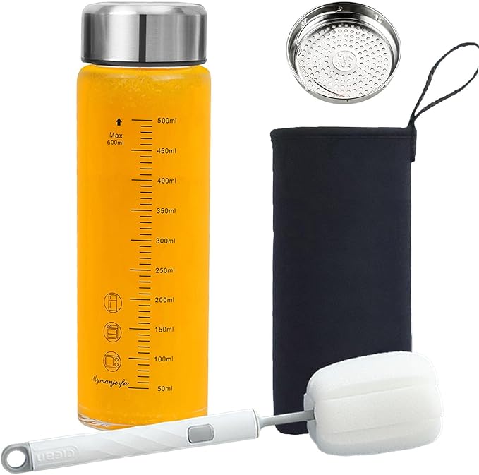 Glass Juice Bottles 20 oz - Wide Mouth Glass Water Bottles with Lids and Sleeve- for Juicing, Smoothies, Milk, Protein, Reusable, Stainless Steel Lids, Leak Proof, Shaker bottle (20oz/600ml)