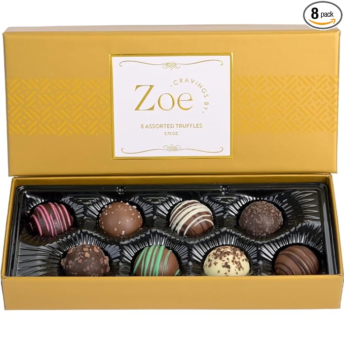 CRAVINGS BY ZOE Gourmet Chocolate Truffle Gift Box | 8 Count | Assorted Gourmet Milk & Dark Chocolate Candy Food Gift Basket Anniversary, Birthday, Get Well, Holiday, Thank You Men Women Mom Her