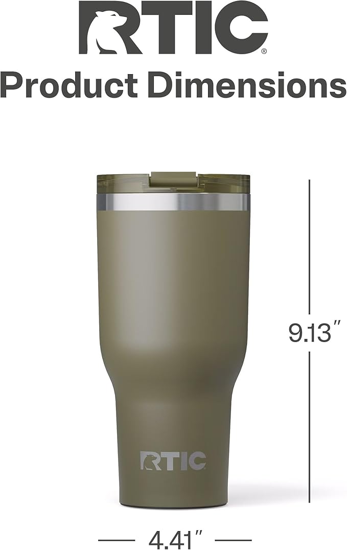 RTIC 40oz Essential Tumbler with Lid, Insulated, Stainless Steel, Metal, Double Wall Vacuum-Insulation, Ceramic Lined, Travel Cup for Iced Coffee, Tea, Hot and Cold Drink, Olive