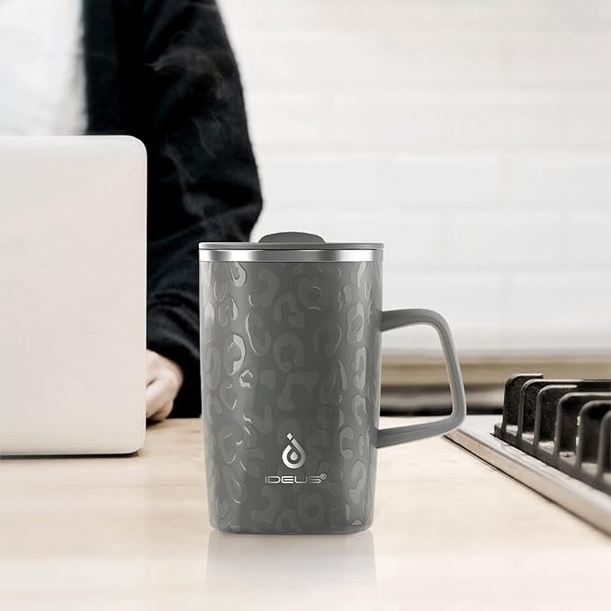 Ideus Vacuum Insulated Coffee Mug, 16oz Reusable Stainless Steel Thermal Double Walled cup with Handle and Slider Lid for Hot & Cold Beverages, BPA Free (Leapord Gray)