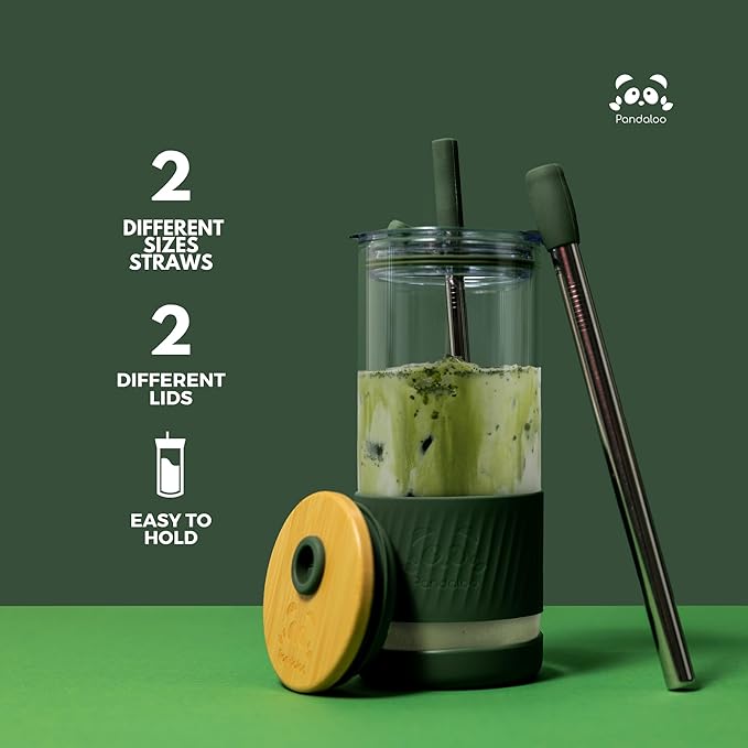 Pandaloo® Glass Cups With Lids and Straws -20 Fl Oz- Perfect Size Iced Coffee Cup - Smoothie Cup With Bamboo Lid and On the go Lid - Glass Tumbler (2 Count (Pack of 1), Amber Sand-Coton White)