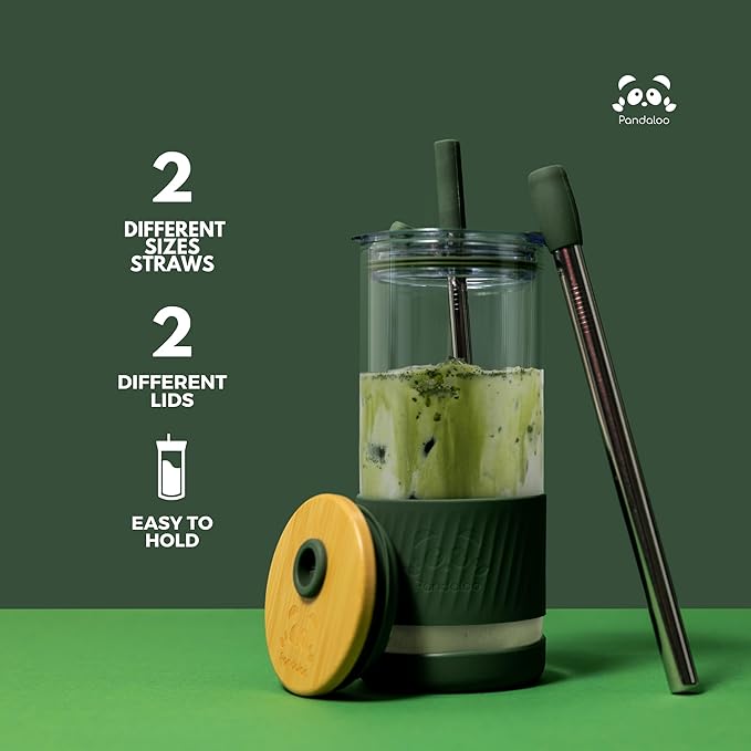 Pandaloo® Glass Cups With Lids and Straws -20 Fl Oz- Perfect Size Iced Coffee Cup - Smoothie Cup With Bamboo Lid and On the go Lid - Glass Tumbler With Straw (1 Count (Pack of 1), Tender Pink)