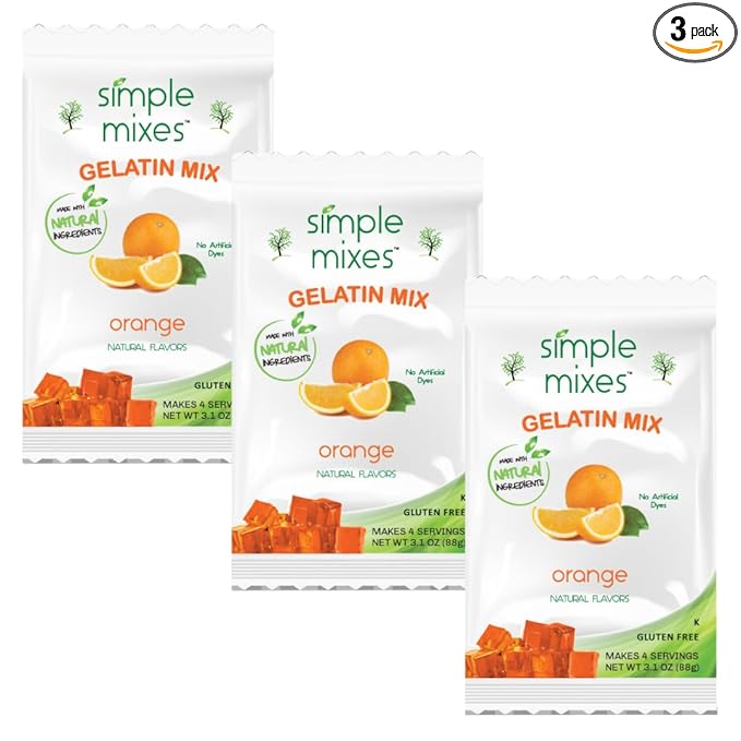Simple Mixes Natural Gelatin Dessert, Orange, Healthy Snack, Dye-Free, No Gluten or Fat, Kosher, 3 Pack