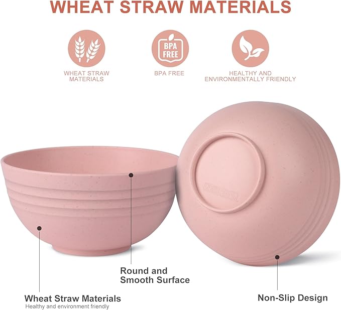 HOTEC Unbreakable Wheat Straw Cereal Bowls - Microwave & Dishwasher Safe Soup and Salad Bowls, Set of 8, 26oz, BPA Free,Pink
