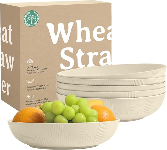 Homienly 65 oz Large Salad Bowls Wheat Straw Big Bowls 10 inch Serving Bowls Wheat Straw Plates Bowls Set of 6 Wide and Shallow Bowls for Kitchen Dishwasher Safe-Beige