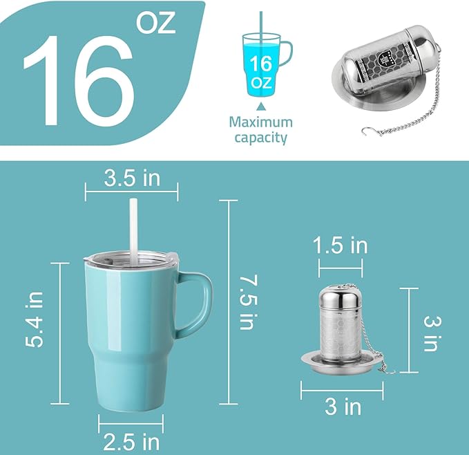 Sweejar Ceramic Travel Mug with Lid, 16 oz Portable Coffee Mug, Dishwasher Safe Tea Cup with Infuser, Reusable Teacup for Car Cup Holder, Tea Lovers(Turquoise)