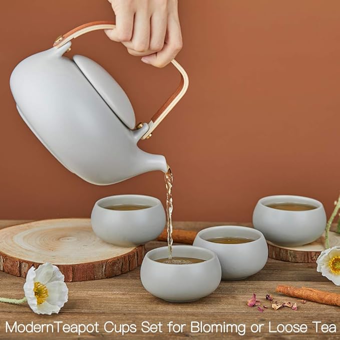 ZENS Vintage Japanese Tea Set, 27oz Ceramic Japanese Teapot with Infuser, Wood Handle Matte Gray Teapot with Strainers and 4 Cups for Tea Party, Women's Gift
