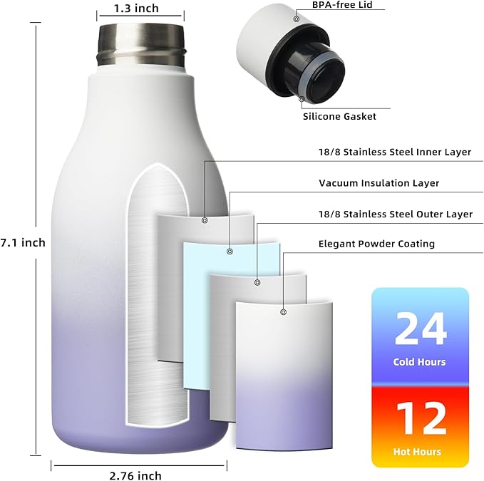 BJPKPK Insulated Water Bottles, 12oz Stainless Steel Metal Water Bottle with Strap, BPA Free Leak Proof Thermos, Mugs, Flasks, Reusable Water Bottle for Sports & Travel, Lilac Elegance
