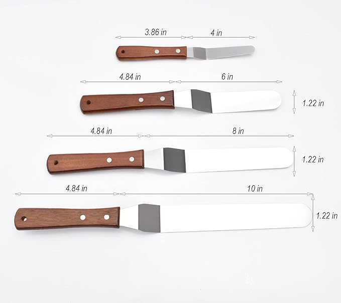 Angled Cake Icing Spatula Set with Dough Scraper and Cake Scraper Set for Cake Decorating, Professional Offset Frosting Spatula (4” 6" 8" 10" Blade) with Hangable Wooden Handle