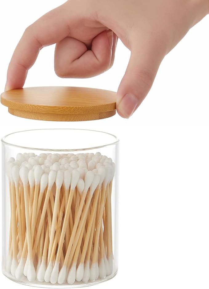Glass Qtip Holder Dispenser with Bamboo Lid - 2 Pack Apothecary Jars - Cotton Balls Pads Swabs Holder Jar - Bathroom Vanity Canisters Jars for Countertop Storage and Organization