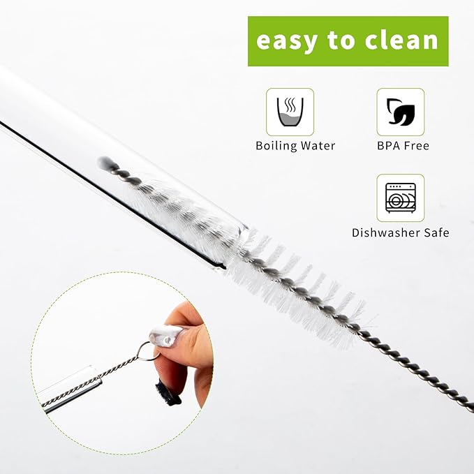 Lazycorner Reusable Glass Straws Set 16 Pcs 8.5''x 10MM Bent Straight Clear Glass Drinking Straws Set of 8 Straight and 8 Bent with 4 Cleaning Brushes Perfect For Smoothies, Tea, Juice-Clear Cocktail.