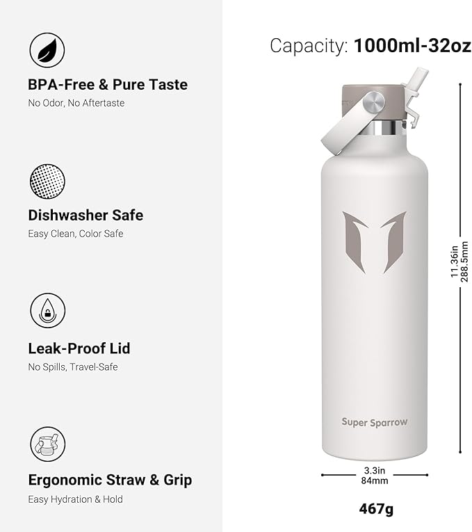 Super Sparrow Insulated Water Bottle - 17 Oz / 25 Oz / 32 Oz - Standard Mouth FlipFlow Flask - BPA Free, Leak Proof Drink Bottle- Ergonomic Straw Water Bottles for Work, Gym, Travel, Sports