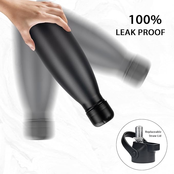 Insulated Water Bottle, 12oz Stainless Steel Water Bottles with straw lid, Metal Sports Water Bottles for Boys,Girls, Double Wall Vacuum BPA-Free Flask for School, Sports & Travel-Black