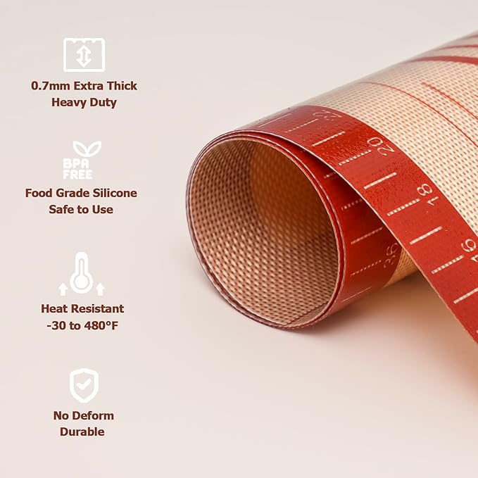 Sapid Extra Thick Silicone Pastry Mat Non-slip with Measurements for Non-stick Silicone Baking Mat Large, Dough Rolling, Pie Crust, Cookies, Kneading Mats, Countertop, Placement Mats (16" x 24", Red)