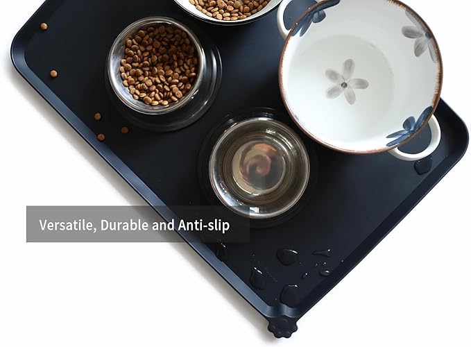 Hoki Found Large Silicone Pet Food Mats Tray - Non Slip Dog Cat Bowl Mats Placemat - Pet Feeding Mat - Pet Water Mats for Floors- Waterproof Dog Cat Food Mats - Black