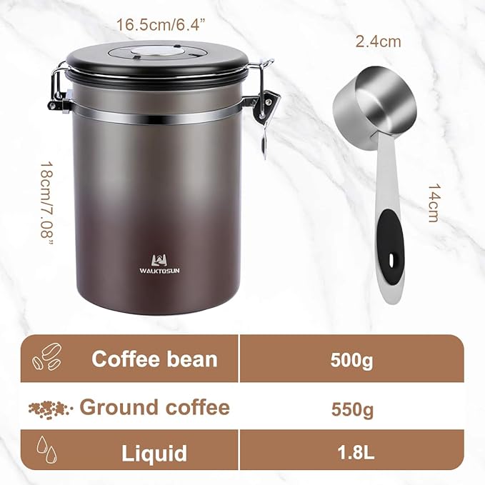 Coffee Canister Airtight Storage Container Stainless Steel Coffee Jar with Scoop,Date Tracker CO2 Release Valve for Dry Food Beans Ground Tea Flour Cereal and Sugar (1.8L Grey-Brown With Spoon)