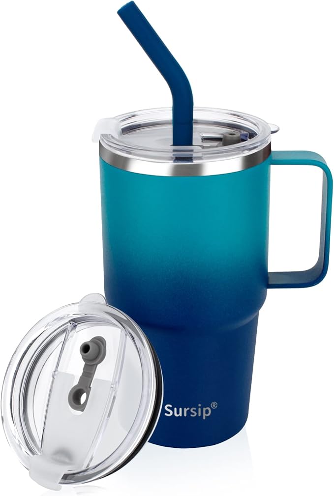 Sursip 24 oz Tumbler with Handle and Straw Lid, Double Wall Vacuum Stainless Steel Insulated Coffee Cup with 2 Lids, For Cold/Hot Drinks, Leak Proof, BPA-Free, Dishwasher Safe(Navy-1 Pack)