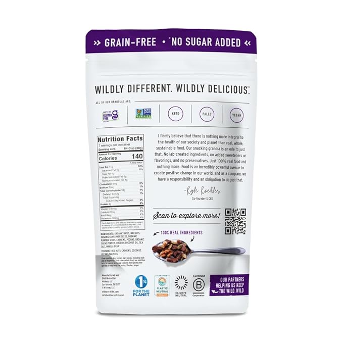 Wildway Keto Granola | Dark Chocolate Sea Salt | Grain-Free Certified Gluten-Free Cereal | Vegan, Low Carb | No Sugar Added | Paleo-Friendly, Non-GMO Fruit & Nut Clusters | Nutrient-Rich | 8oz, 6 Pack