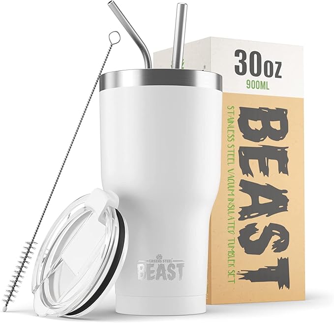 Beast 30 oz Tumbler Stainless Steel Vacuum Insulated Coffee Ice Cup Double Wall Travel Flask (Arctic White)